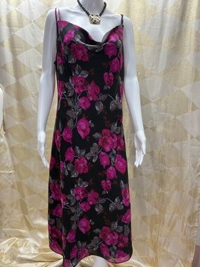 New York & Company Black Slip Midi Dress with Fuchsia Floral Print